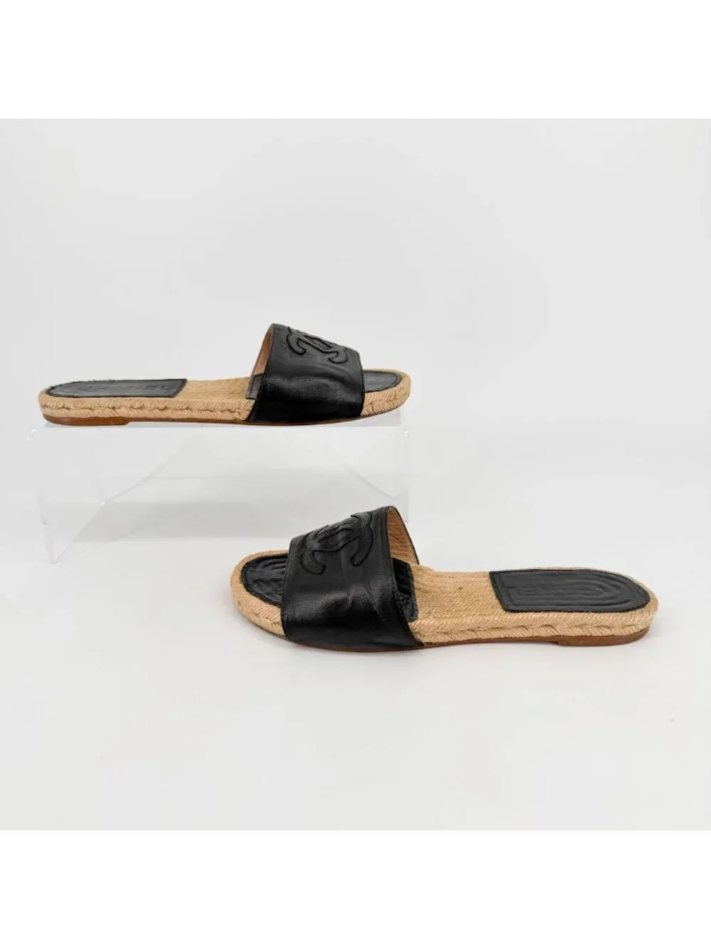 Chanel CC Flat Espadrille Mule Slide Sandals Black Leather Size 38 US 7-7.5 - Picture 8 of 15